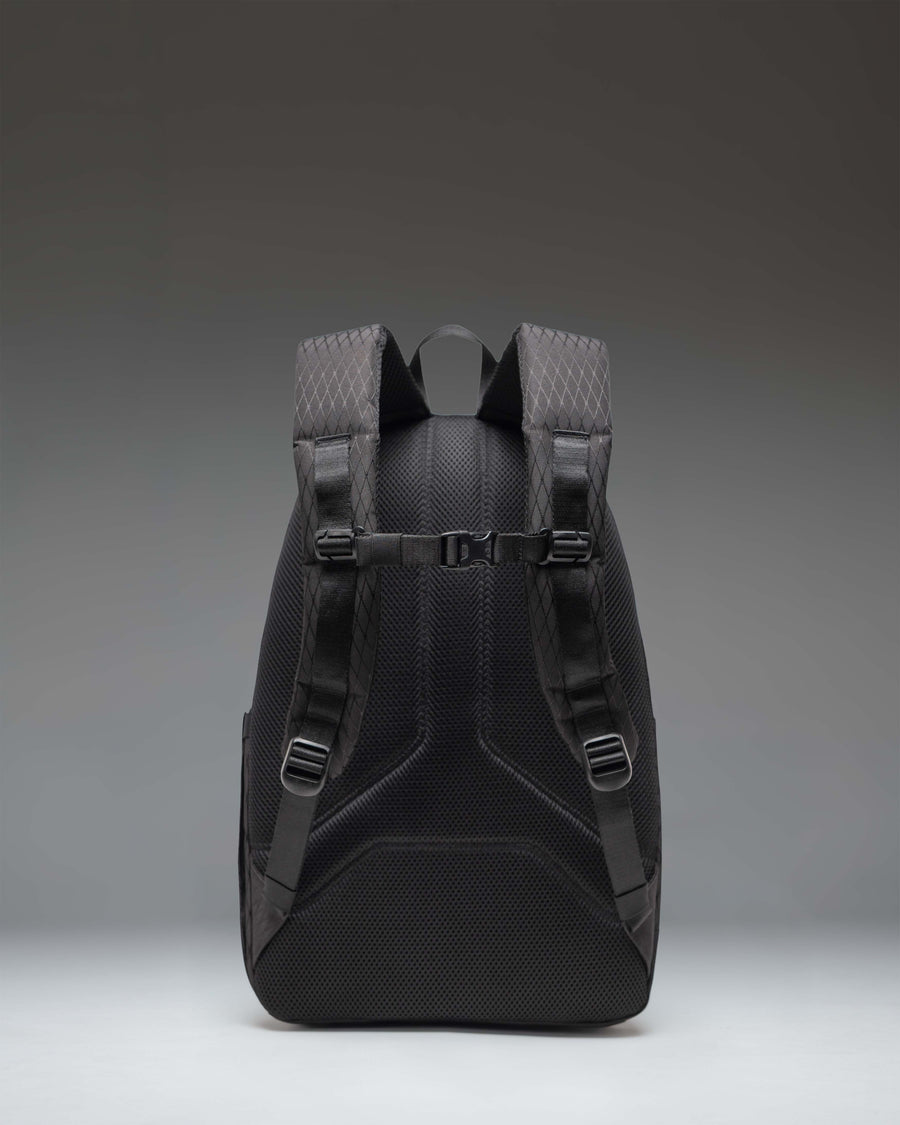 Herschel Kingston Backpack in Black Diamond/Black showing the front view with dual straps, top handle, and zippered front pocket.