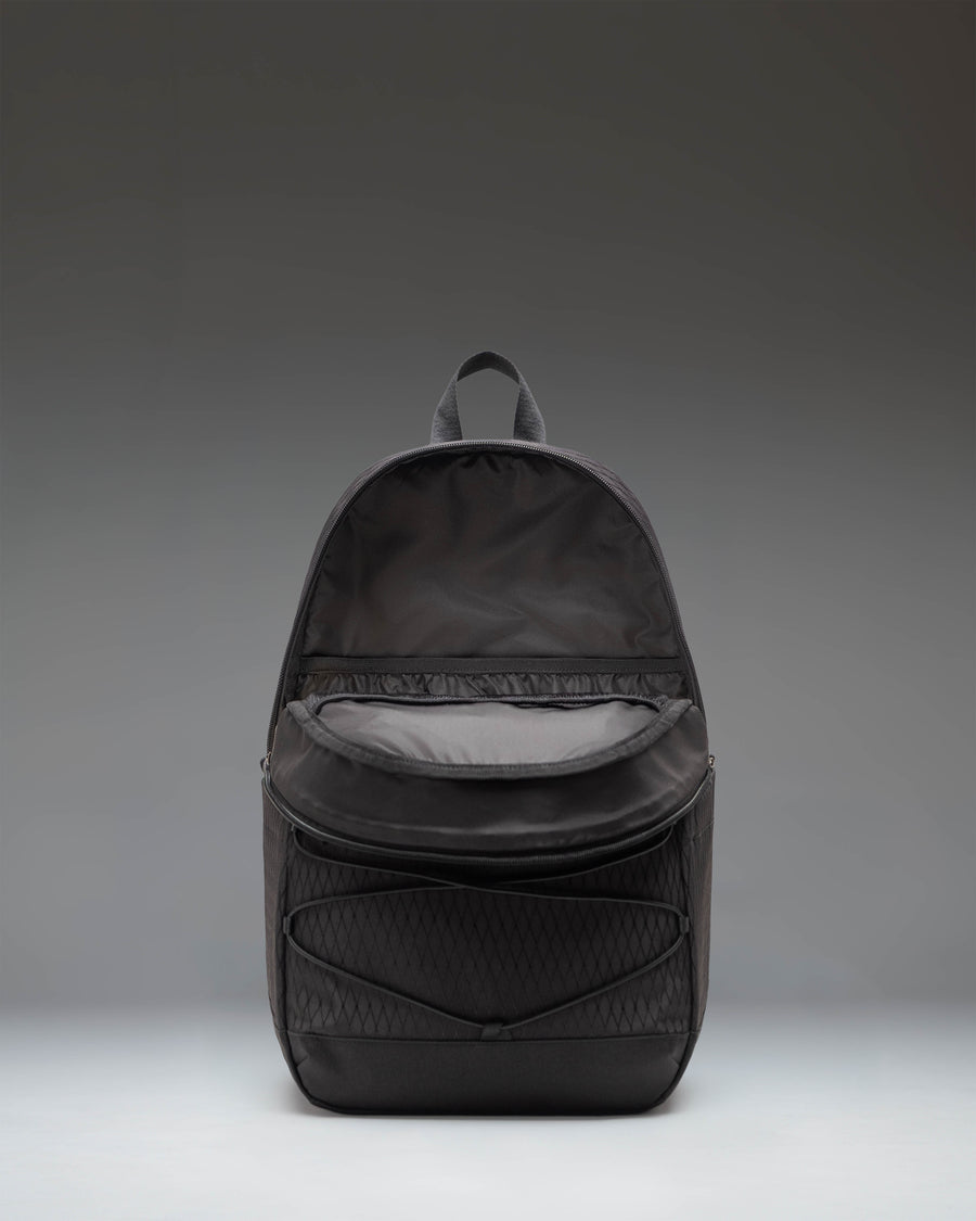 Herschel Kingston Backpack in Black Diamond/Black showing a front view of the structured backpack with subtle geometric diamond patterns.