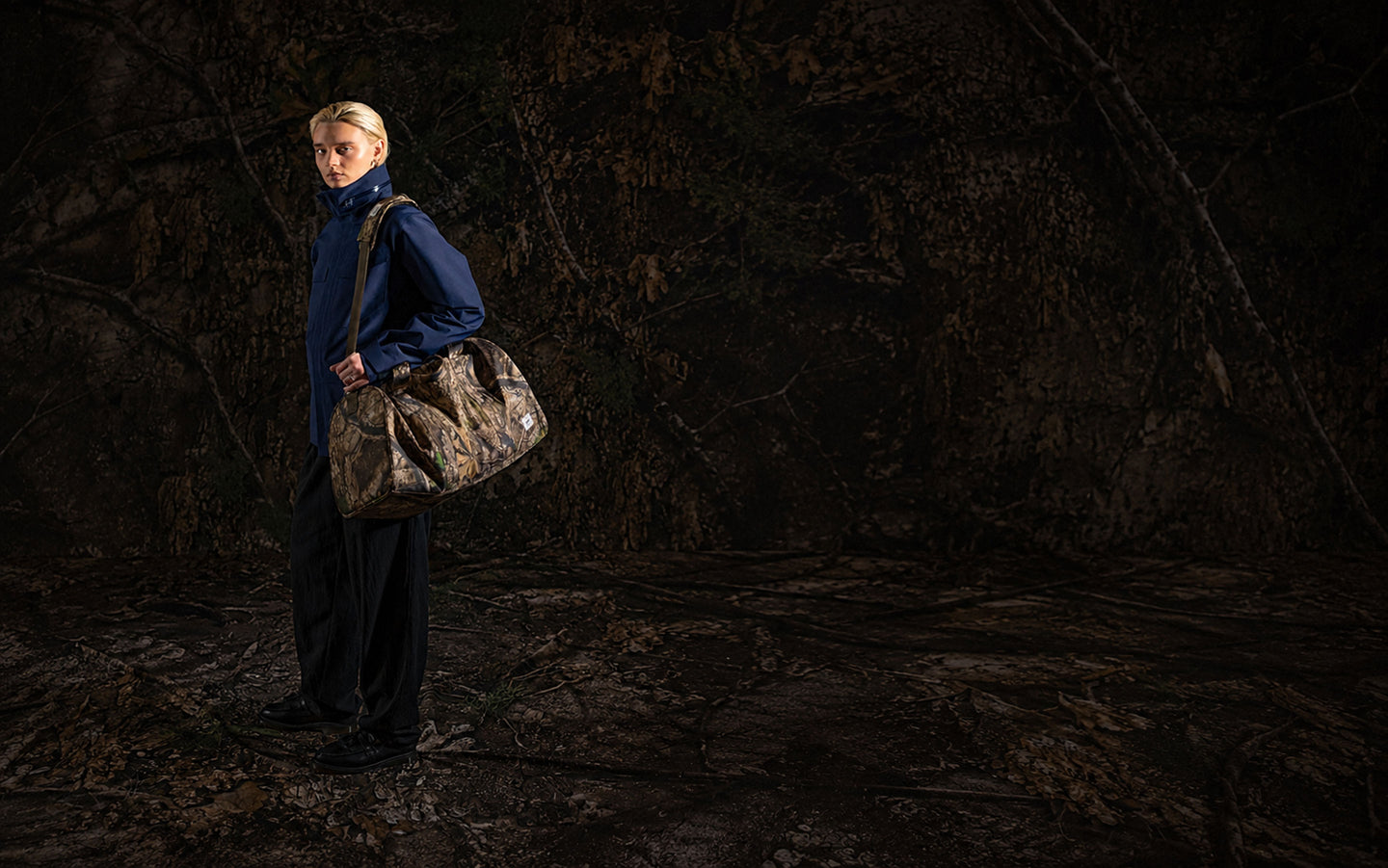 Herschel Supply Co. Realtree Novel Duffle bag in Realtree APX Camo pattern shown from a front angle on a plain background.